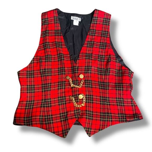 Vintage 90s Vest Red Tartan Plaid Gold Chain Accent Tailored Suit Waistcoat 14 - Picture 1 of 14